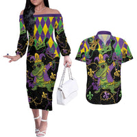 Mardi Gras Alligator Couples Matching Off The Shoulder Long Sleeve Dress and Hawaiian Shirt Mardigator On Tuesdays We Wear Beads - Wonder Print Shop