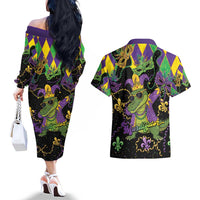 Mardi Gras Alligator Couples Matching Off The Shoulder Long Sleeve Dress and Hawaiian Shirt Mardigator On Tuesdays We Wear Beads - Wonder Print Shop