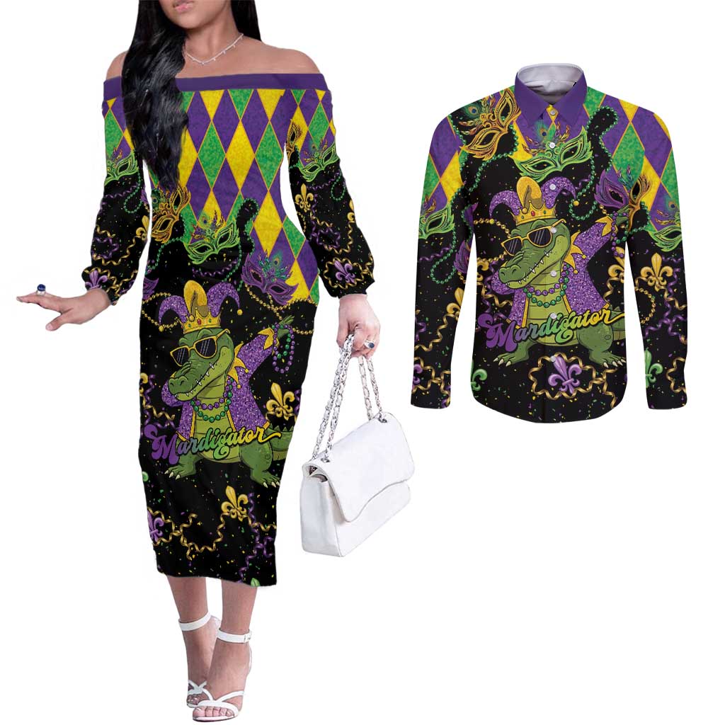 Mardi Gras Alligator Couples Matching Off The Shoulder Long Sleeve Dress and Long Sleeve Button Shirt Mardigator On Tuesdays We Wear Beads - Wonder Print Shop