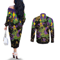 Mardi Gras Alligator Couples Matching Off The Shoulder Long Sleeve Dress and Long Sleeve Button Shirt Mardigator On Tuesdays We Wear Beads - Wonder Print Shop