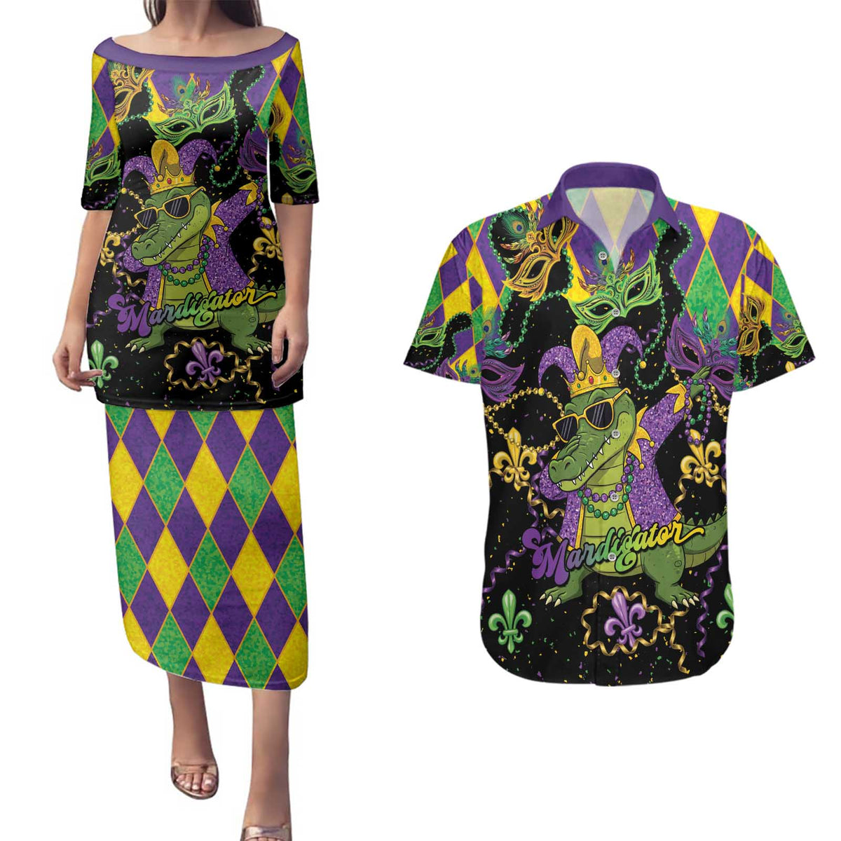 Mardi Gras Alligator Couples Matching Puletasi and Hawaiian Shirt Mardigator On Tuesdays We Wear Beads - Wonder Print Shop