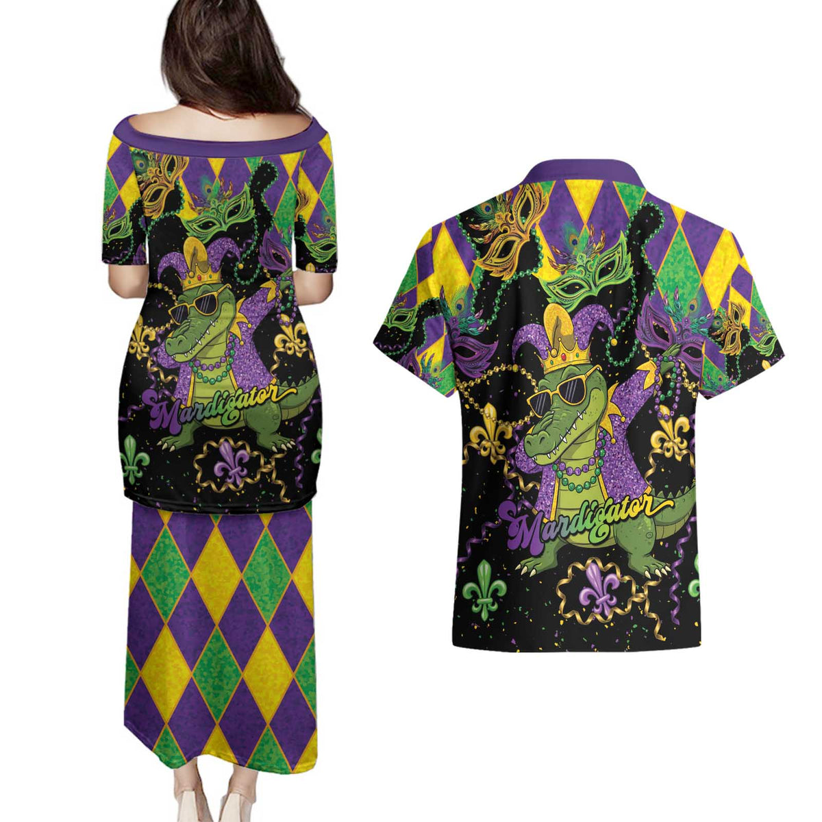 Mardi Gras Alligator Couples Matching Puletasi and Hawaiian Shirt Mardigator On Tuesdays We Wear Beads - Wonder Print Shop