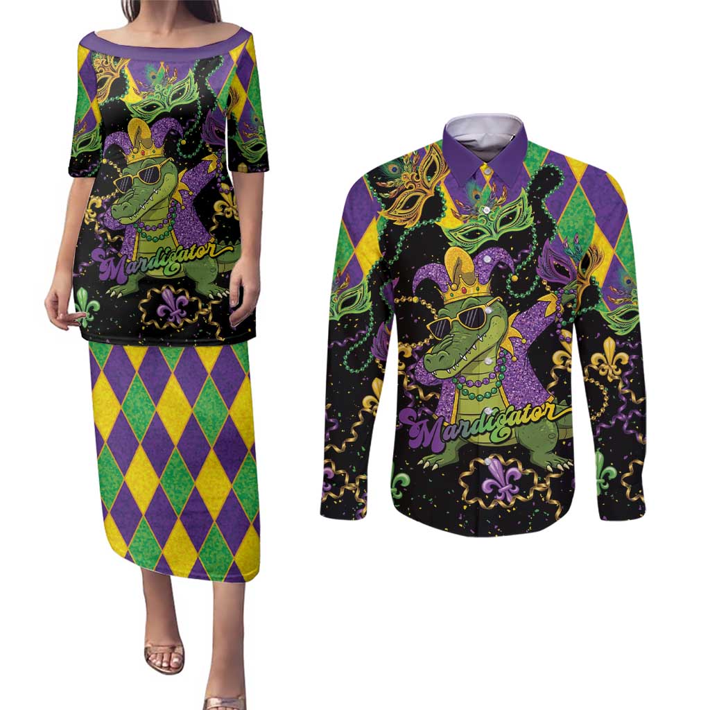 Mardi Gras Alligator Couples Matching Puletasi and Long Sleeve Button Shirt Mardigator On Tuesdays We Wear Beads - Wonder Print Shop