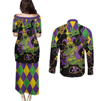 Mardi Gras Alligator Couples Matching Puletasi and Long Sleeve Button Shirt Mardigator On Tuesdays We Wear Beads - Wonder Print Shop