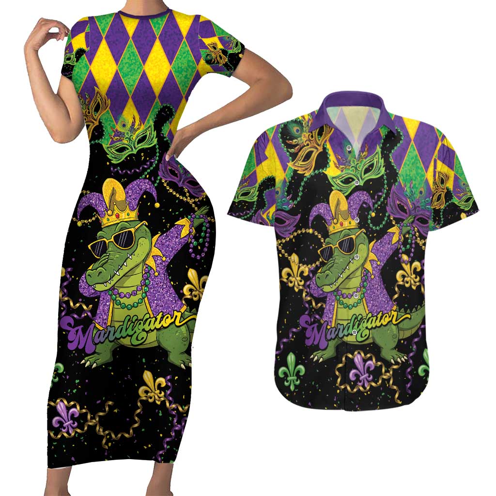 Mardi Gras Alligator Couples Matching Short Sleeve Bodycon Dress and Hawaiian Shirt Mardigator On Tuesdays We Wear Beads - Wonder Print Shop