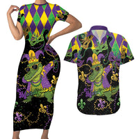 Mardi Gras Alligator Couples Matching Short Sleeve Bodycon Dress and Hawaiian Shirt Mardigator On Tuesdays We Wear Beads - Wonder Print Shop