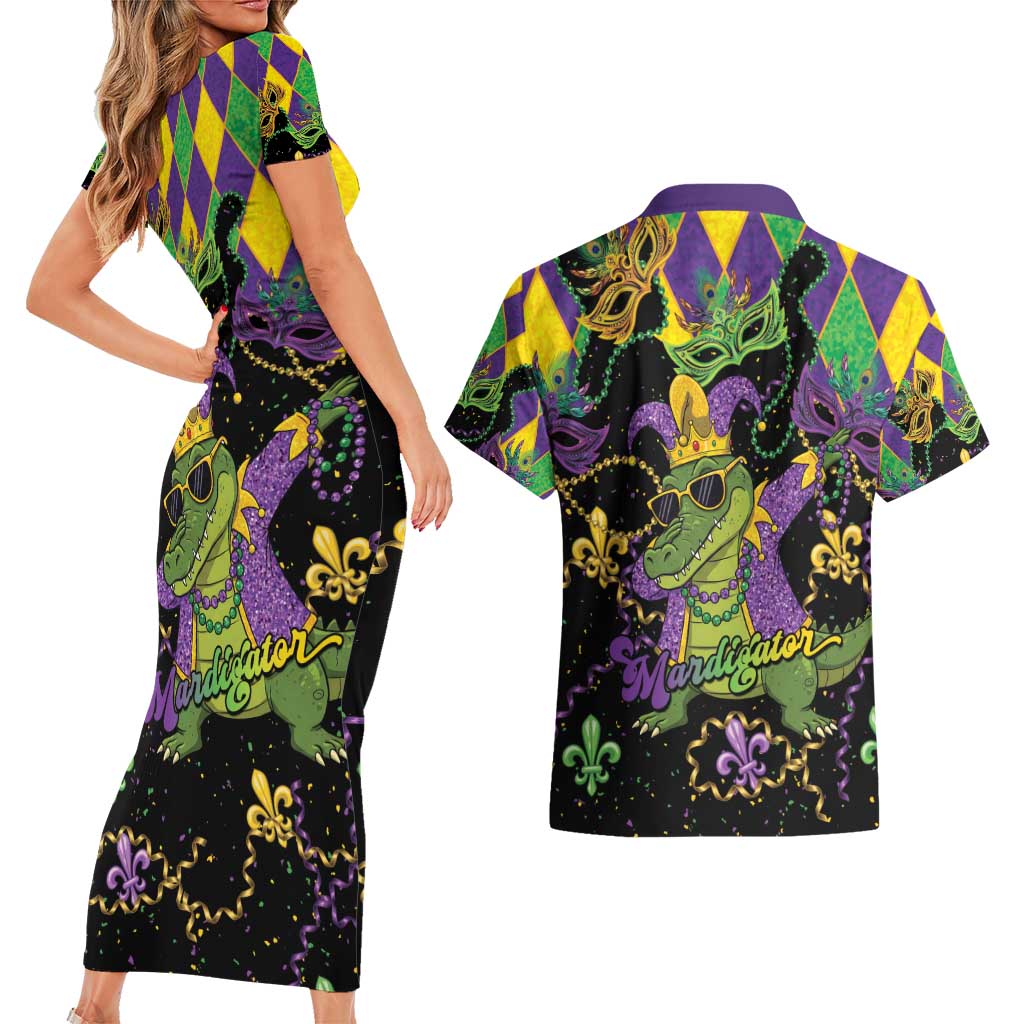 Mardi Gras Alligator Couples Matching Short Sleeve Bodycon Dress and Hawaiian Shirt Mardigator On Tuesdays We Wear Beads - Wonder Print Shop