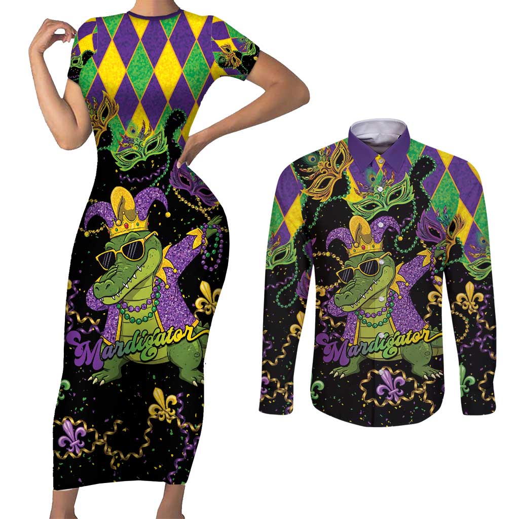 Mardi Gras Alligator Couples Matching Short Sleeve Bodycon Dress and Long Sleeve Button Shirt Mardigator On Tuesdays We Wear Beads - Wonder Print Shop