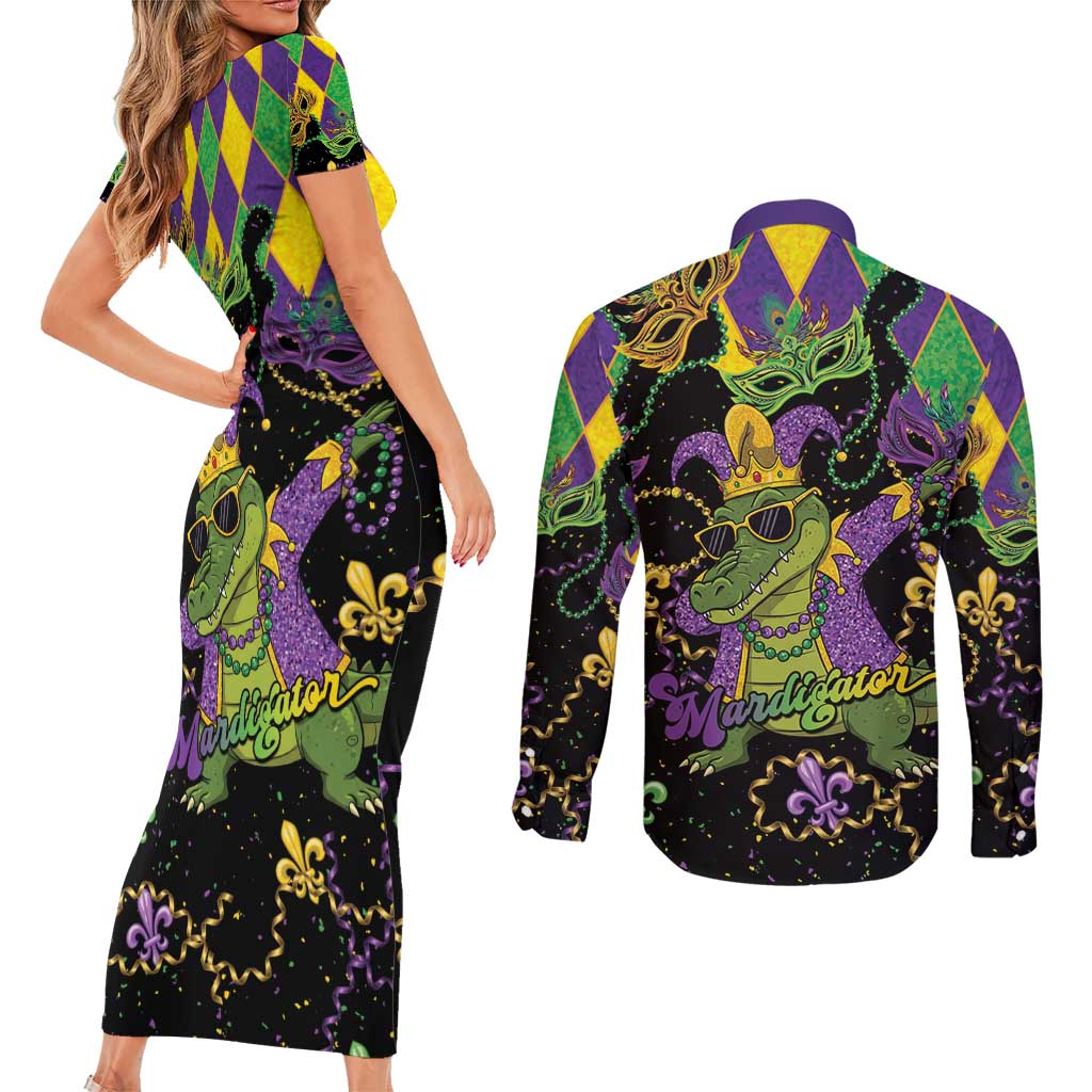 Mardi Gras Alligator Couples Matching Short Sleeve Bodycon Dress and Long Sleeve Button Shirt Mardigator On Tuesdays We Wear Beads - Wonder Print Shop