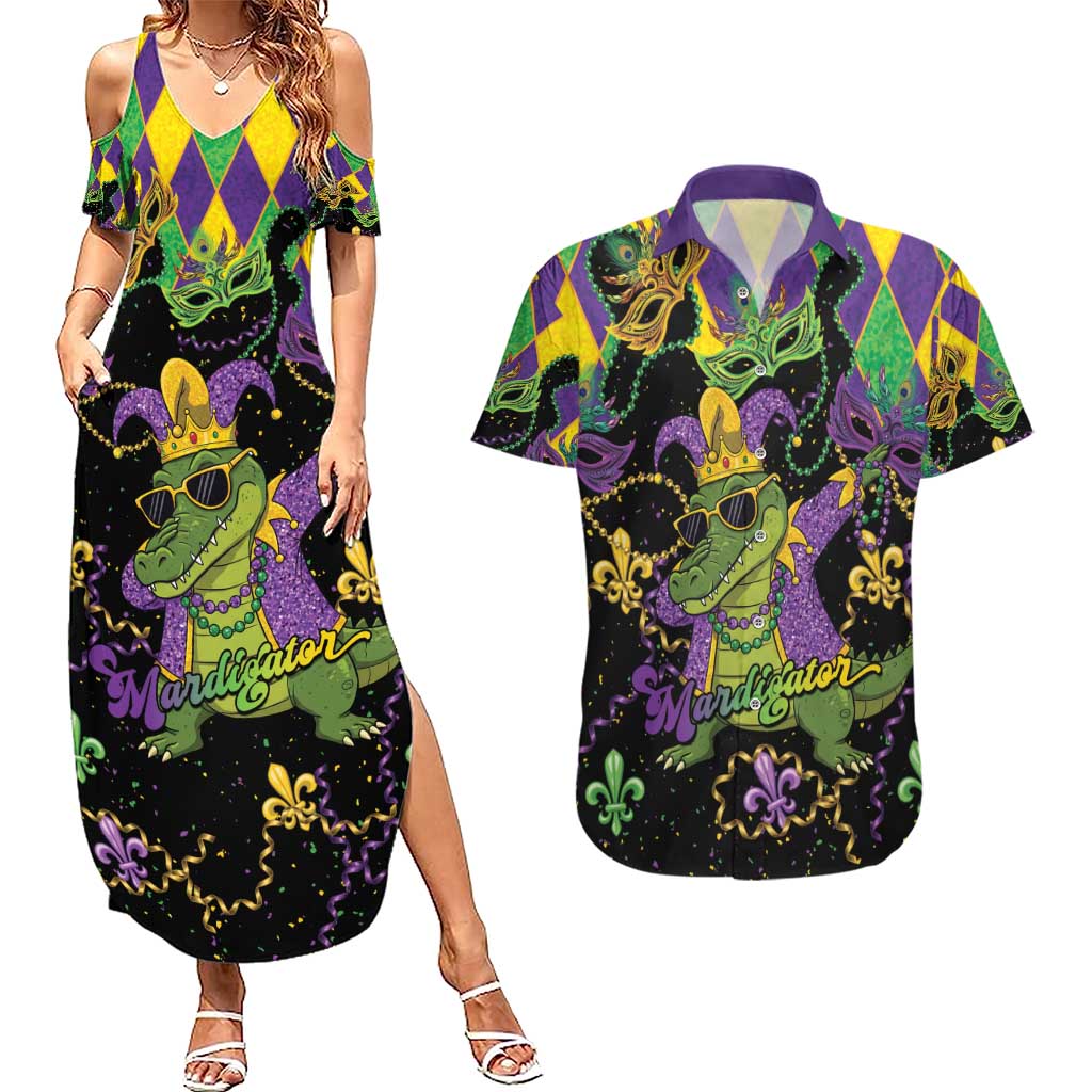 Mardi Gras Alligator Couples Matching Summer Maxi Dress and Hawaiian Shirt Mardigator On Tuesdays We Wear Beads - Wonder Print Shop