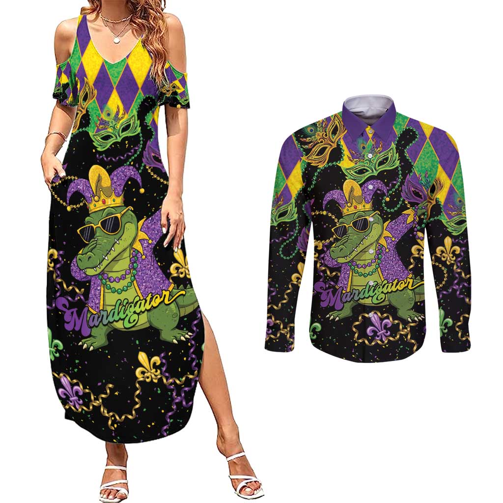 Mardi Gras Alligator Couples Matching Summer Maxi Dress and Long Sleeve Button Shirt Mardigator On Tuesdays We Wear Beads - Wonder Print Shop