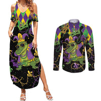 Mardi Gras Alligator Couples Matching Summer Maxi Dress and Long Sleeve Button Shirt Mardigator On Tuesdays We Wear Beads - Wonder Print Shop