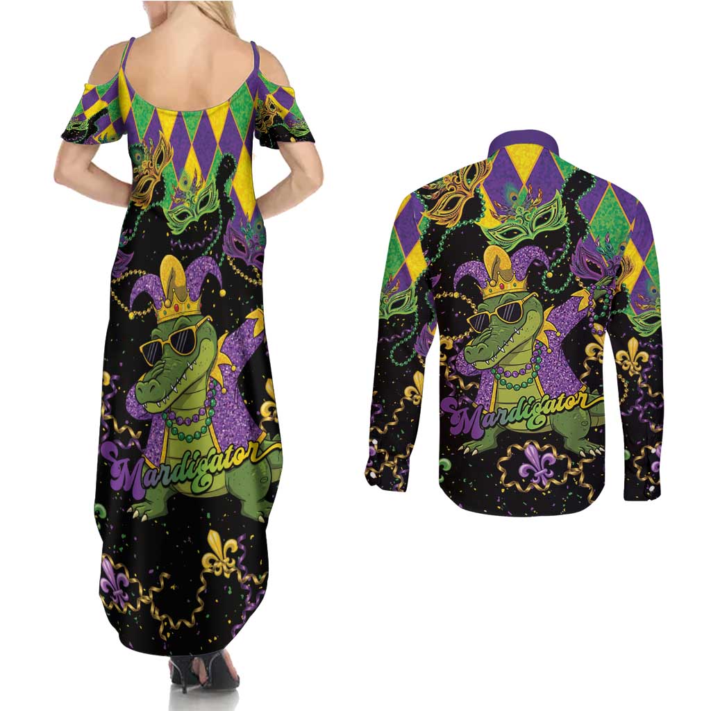 Mardi Gras Alligator Couples Matching Summer Maxi Dress and Long Sleeve Button Shirt Mardigator On Tuesdays We Wear Beads - Wonder Print Shop