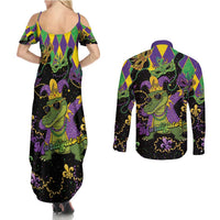Mardi Gras Alligator Couples Matching Summer Maxi Dress and Long Sleeve Button Shirt Mardigator On Tuesdays We Wear Beads - Wonder Print Shop