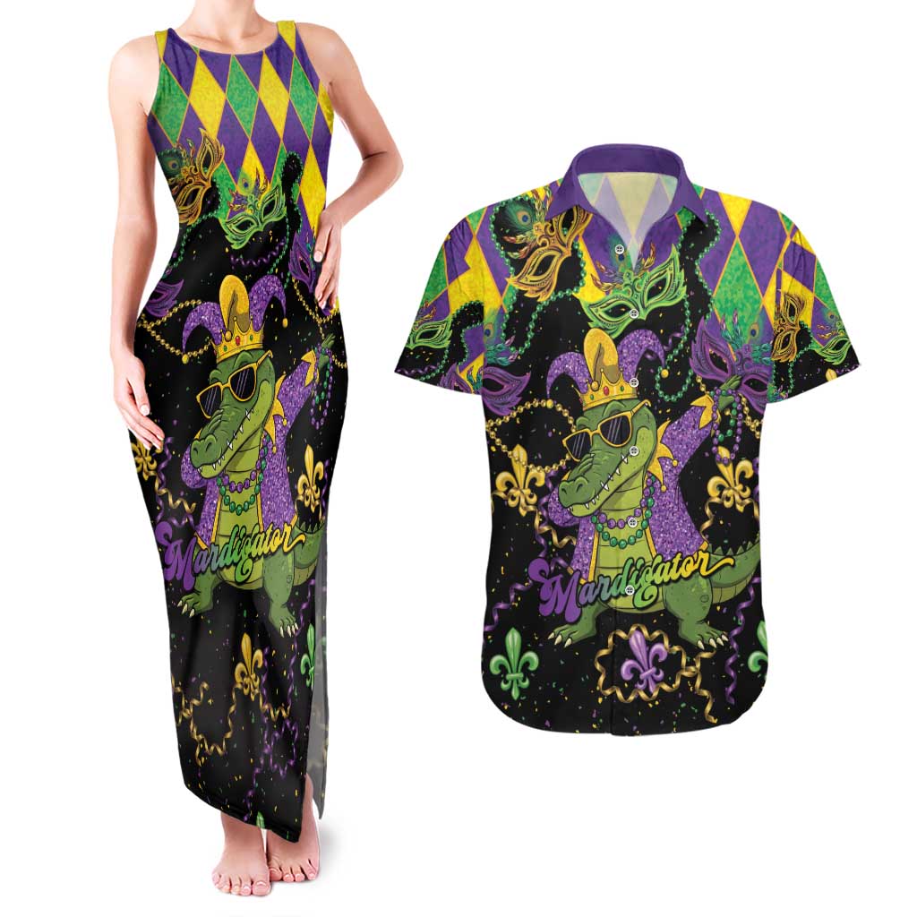 Mardi Gras Alligator Couples Matching Tank Maxi Dress and Hawaiian Shirt Mardigator On Tuesdays We Wear Beads - Wonder Print Shop