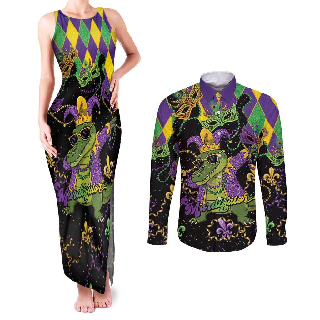 Mardi Gras Alligator Couples Matching Tank Maxi Dress and Long Sleeve Button Shirt Mardigator On Tuesdays We Wear Beads - Wonder Print Shop
