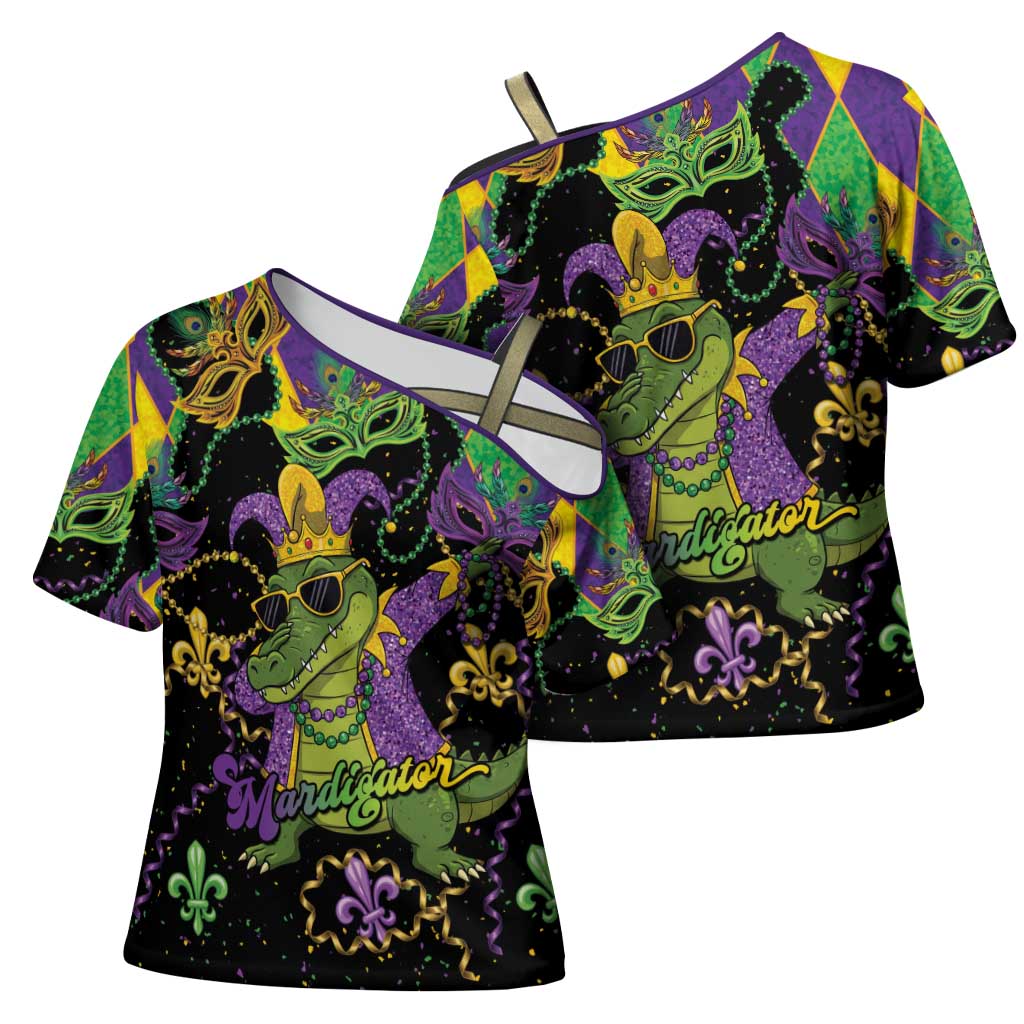 Mardi Gras Alligator Cross Shoulder Shirt Mardigator On Tuesdays We Wear Beads - Wonder Print Shop