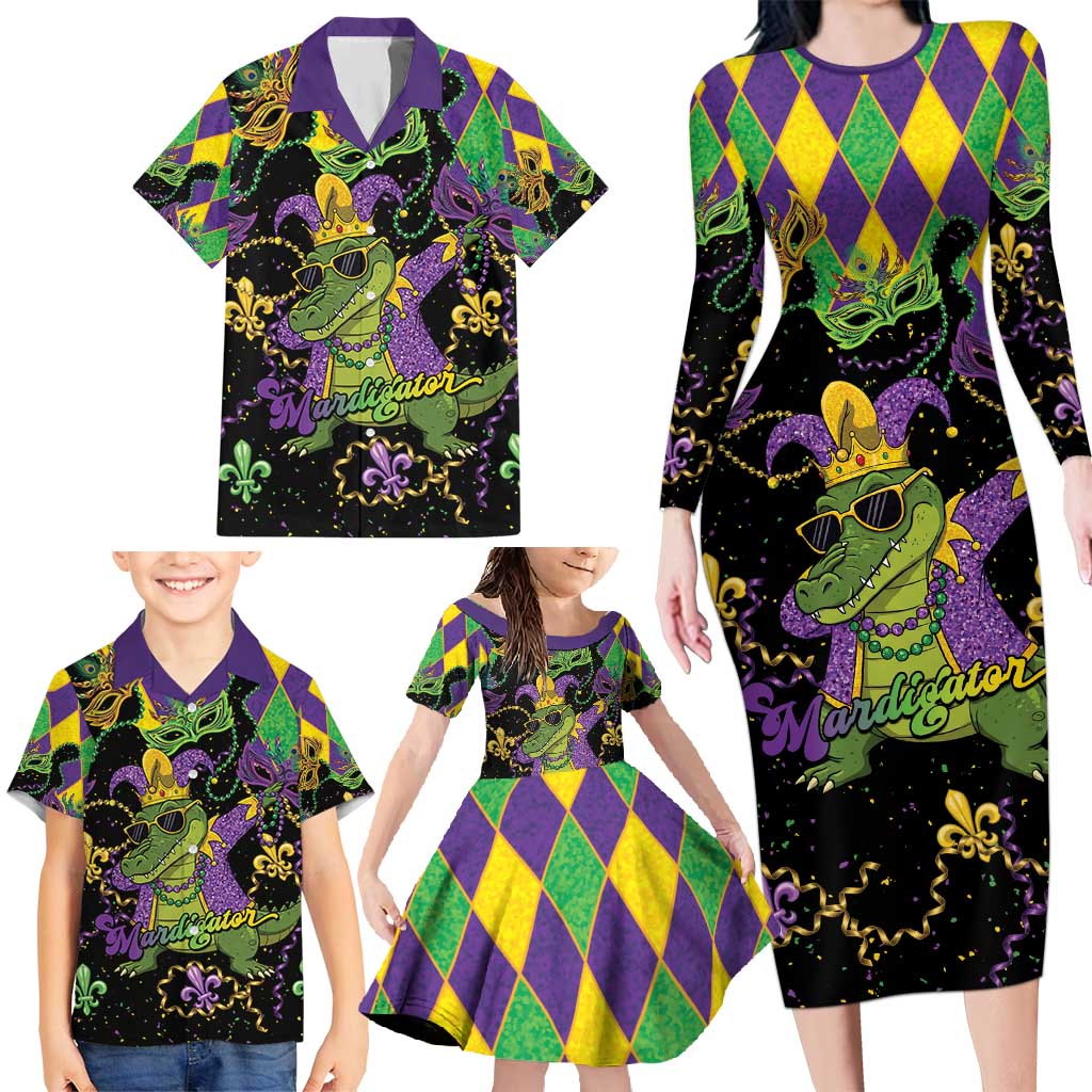 Mardi Gras Alligator Family Matching Long Sleeve Bodycon Dress and Hawaiian Shirt Mardigator On Tuesdays We Wear Beads - Wonder Print Shop