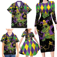 Mardi Gras Alligator Family Matching Long Sleeve Bodycon Dress and Hawaiian Shirt Mardigator On Tuesdays We Wear Beads - Wonder Print Shop
