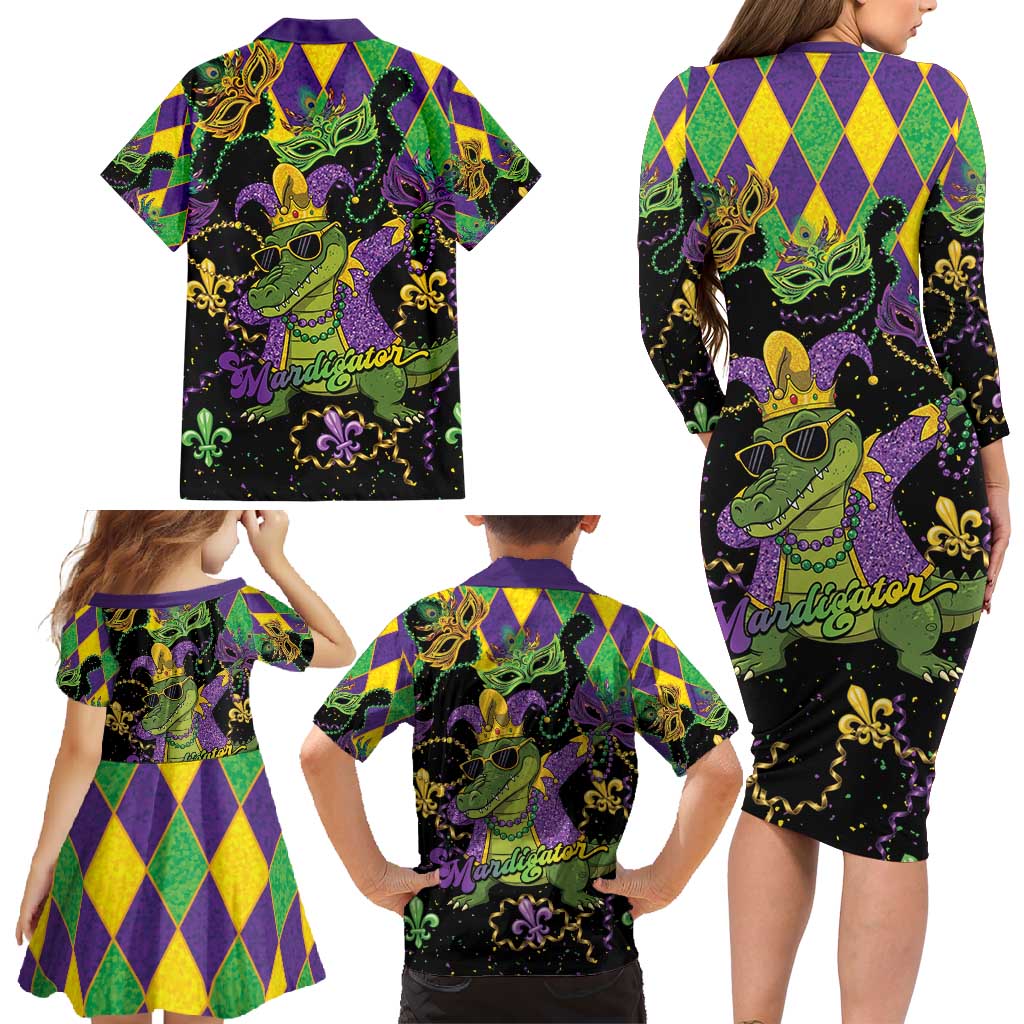 Mardi Gras Alligator Family Matching Long Sleeve Bodycon Dress and Hawaiian Shirt Mardigator On Tuesdays We Wear Beads - Wonder Print Shop