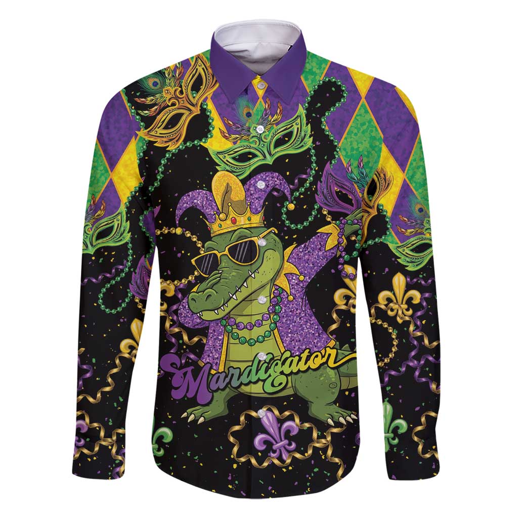 Mardi Gras Alligator Family Matching Long Sleeve Bodycon Dress and Hawaiian Shirt Mardigator On Tuesdays We Wear Beads - Wonder Print Shop
