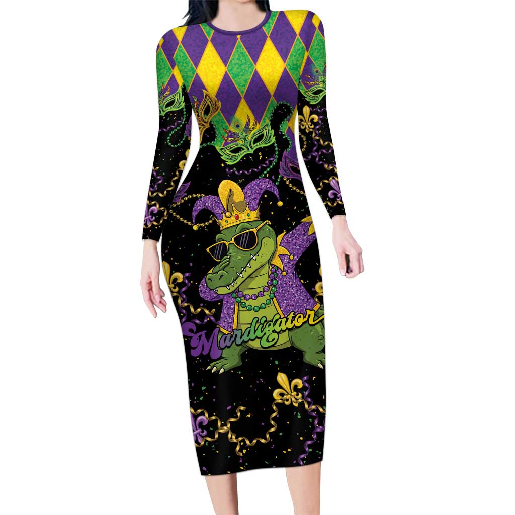 Mardi Gras Alligator Family Matching Long Sleeve Bodycon Dress and Hawaiian Shirt Mardigator On Tuesdays We Wear Beads - Wonder Print Shop