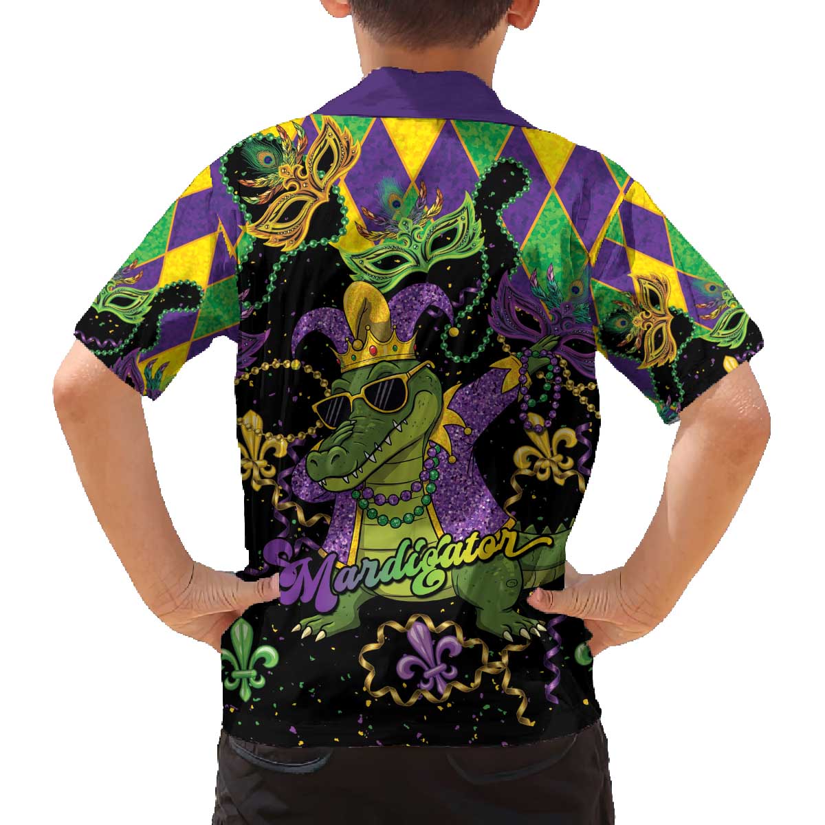 Mardi Gras Alligator Family Matching Off The Shoulder Long Sleeve Dress and Hawaiian Shirt Mardigator On Tuesdays We Wear Beads - Wonder Print Shop