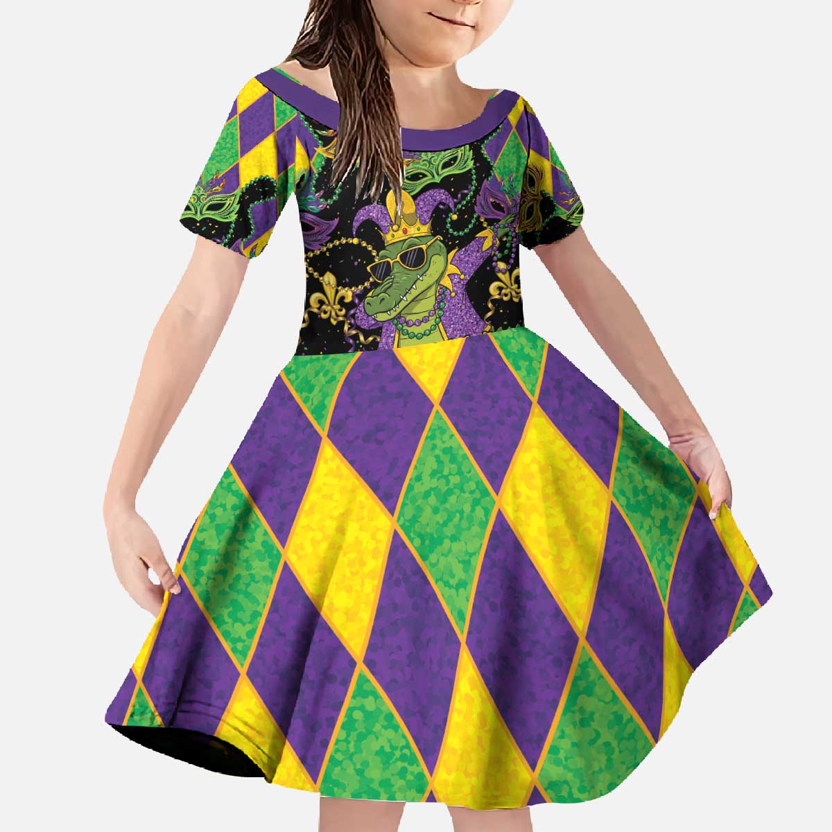 Mardi Gras Alligator Family Matching Off The Shoulder Long Sleeve Dress and Hawaiian Shirt Mardigator On Tuesdays We Wear Beads - Wonder Print Shop