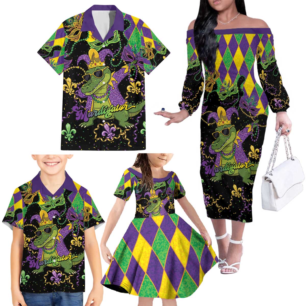 Mardi Gras Alligator Family Matching Off The Shoulder Long Sleeve Dress and Hawaiian Shirt Mardigator On Tuesdays We Wear Beads - Wonder Print Shop