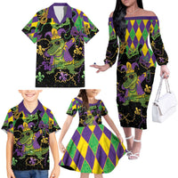 Mardi Gras Alligator Family Matching Off The Shoulder Long Sleeve Dress and Hawaiian Shirt Mardigator On Tuesdays We Wear Beads - Wonder Print Shop