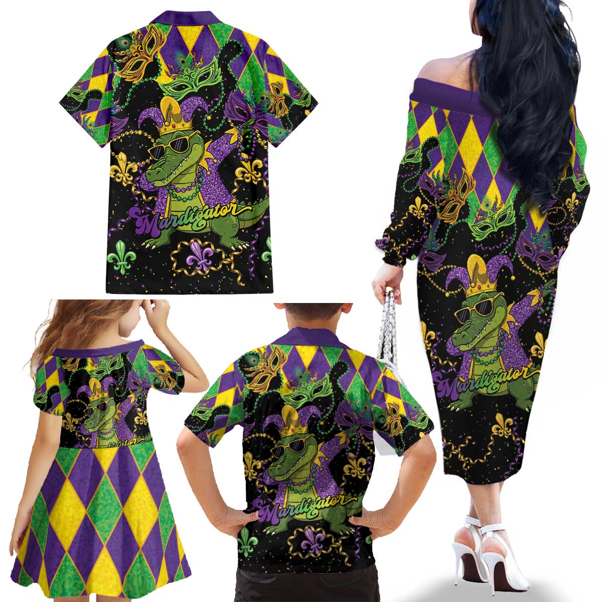 Mardi Gras Alligator Family Matching Off The Shoulder Long Sleeve Dress and Hawaiian Shirt Mardigator On Tuesdays We Wear Beads - Wonder Print Shop