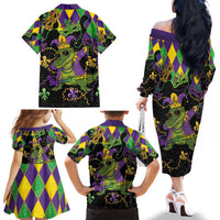 Mardi Gras Alligator Family Matching Off The Shoulder Long Sleeve Dress and Hawaiian Shirt Mardigator On Tuesdays We Wear Beads - Wonder Print Shop