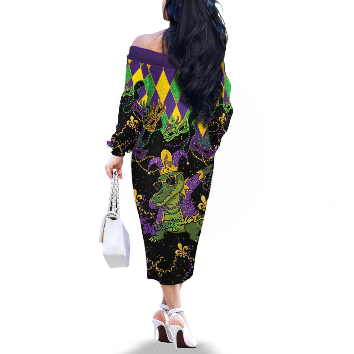 Mardi Gras Alligator Family Matching Off The Shoulder Long Sleeve Dress and Hawaiian Shirt Mardigator On Tuesdays We Wear Beads - Wonder Print Shop