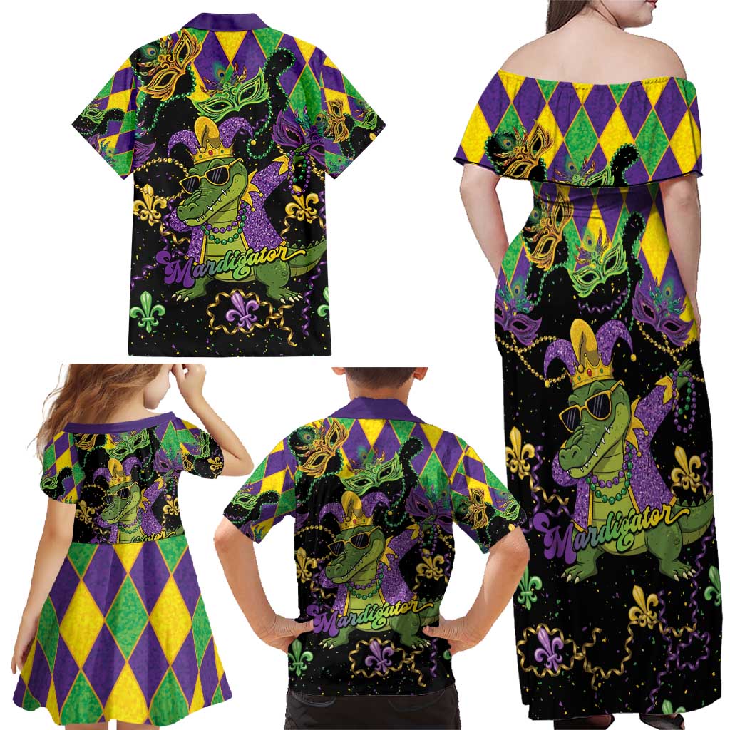 Mardi Gras Alligator Family Matching Off Shoulder Maxi Dress and Hawaiian Shirt Mardigator On Tuesdays We Wear Beads - Wonder Print Shop