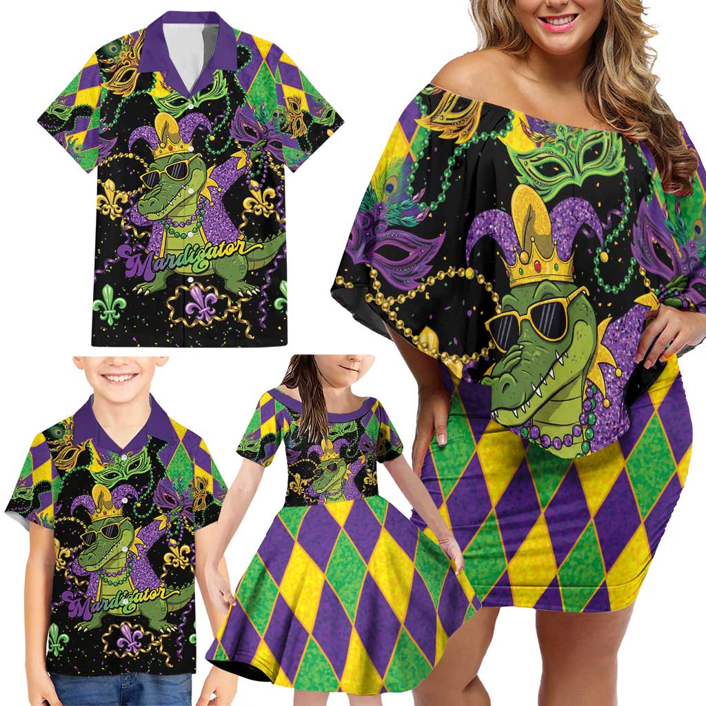Mardi Gras Alligator Family Matching Off Shoulder Short Dress and Hawaiian Shirt Mardigator On Tuesdays We Wear Beads - Wonder Print Shop