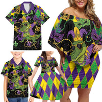 Mardi Gras Alligator Family Matching Off Shoulder Short Dress and Hawaiian Shirt Mardigator On Tuesdays We Wear Beads - Wonder Print Shop