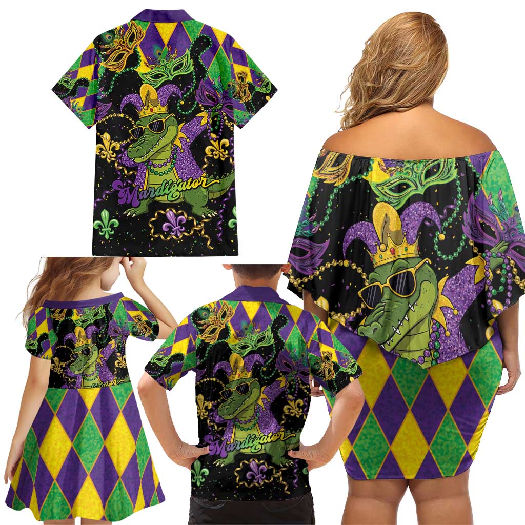 Mardi Gras Alligator Family Matching Off Shoulder Short Dress and Hawaiian Shirt Mardigator On Tuesdays We Wear Beads - Wonder Print Shop