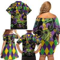 Mardi Gras Alligator Family Matching Off Shoulder Short Dress and Hawaiian Shirt Mardigator On Tuesdays We Wear Beads - Wonder Print Shop
