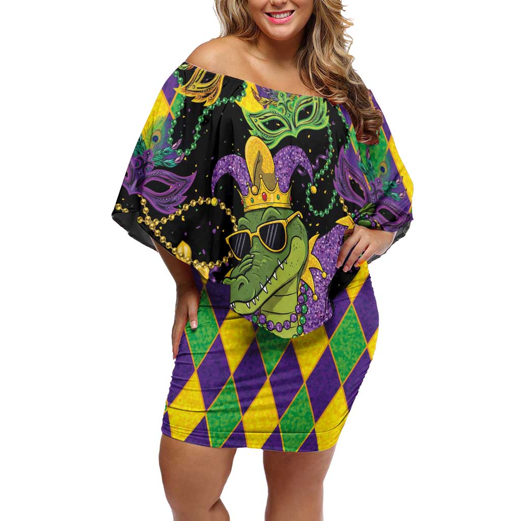 Mardi Gras Alligator Family Matching Off Shoulder Short Dress and Hawaiian Shirt Mardigator On Tuesdays We Wear Beads - Wonder Print Shop