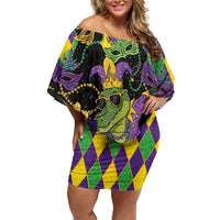 Mardi Gras Alligator Family Matching Off Shoulder Short Dress and Hawaiian Shirt Mardigator On Tuesdays We Wear Beads - Wonder Print Shop