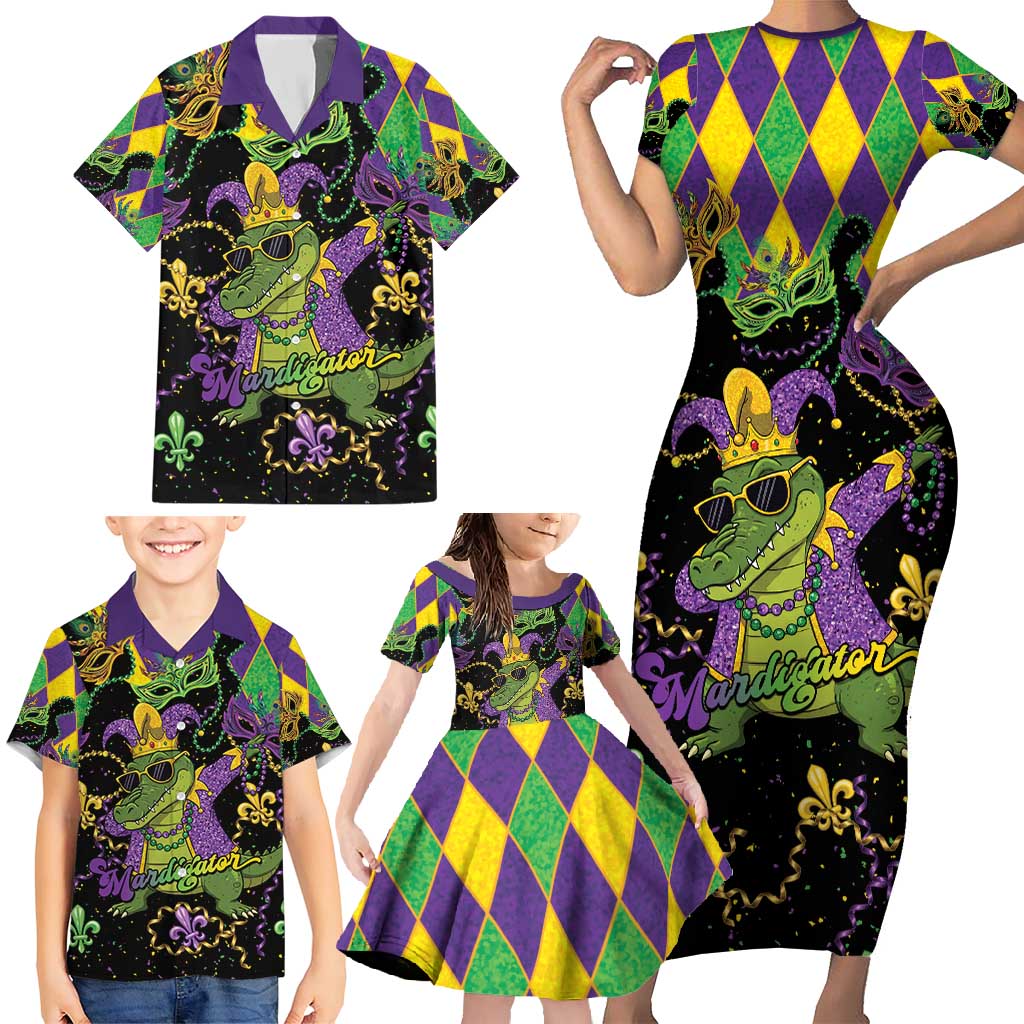 Mardi Gras Alligator Family Matching Short Sleeve Bodycon Dress and Hawaiian Shirt Mardigator On Tuesdays We Wear Beads - Wonder Print Shop