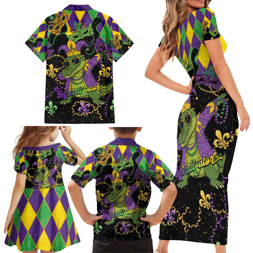 Mardi Gras Alligator Family Matching Short Sleeve Bodycon Dress and Hawaiian Shirt Mardigator On Tuesdays We Wear Beads - Wonder Print Shop