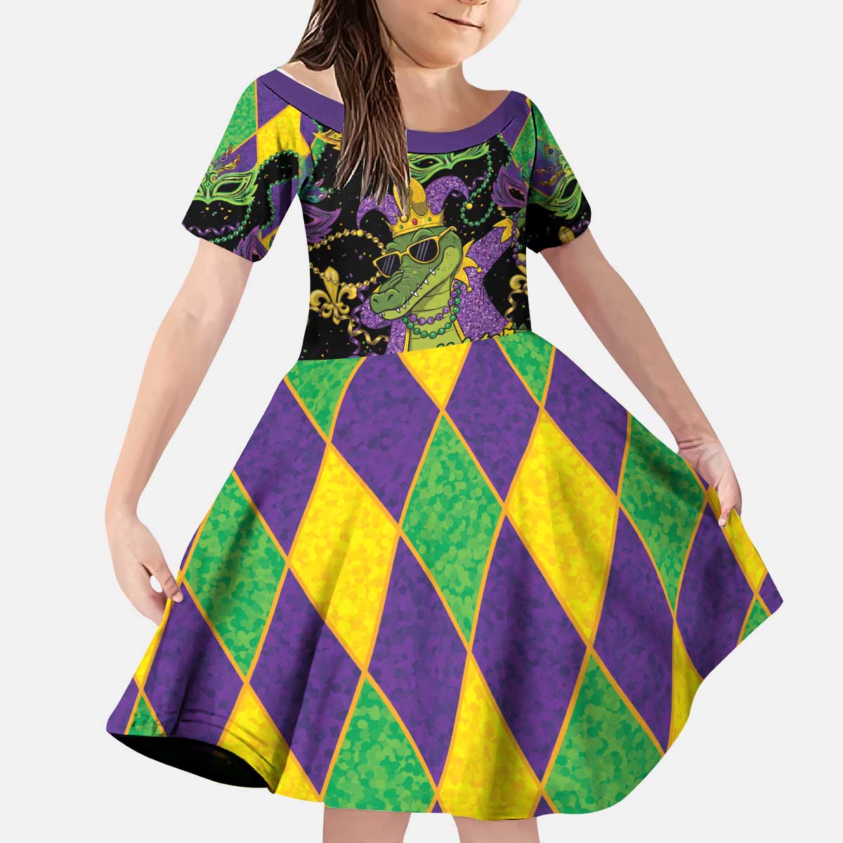 Mardi Gras Alligator Kid Short Sleeve Dress Mardigator On Tuesdays We Wear Beads - Wonder Print Shop