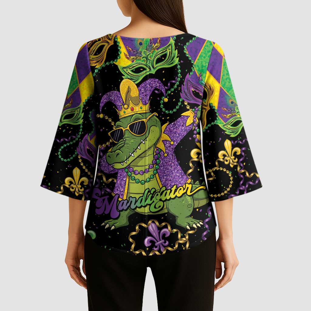 Mardi Gras Alligator Kimono Sleeve Blouse Mardigator On Tuesdays We Wear Beads - Wonder Print Shop