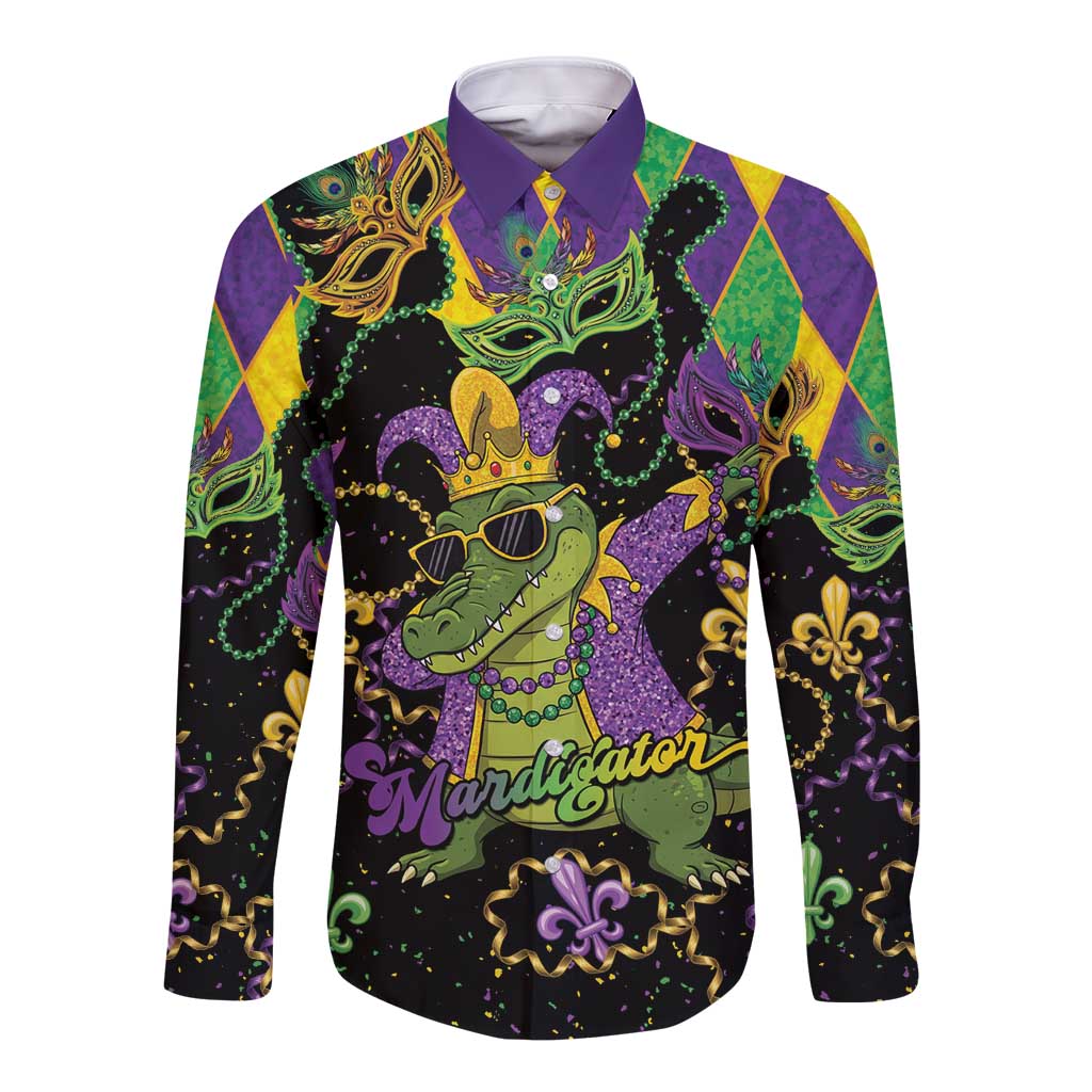 Mardi Gras Alligator Long Sleeve Button Shirt Mardigator On Tuesdays We Wear Beads - Wonder Print Shop