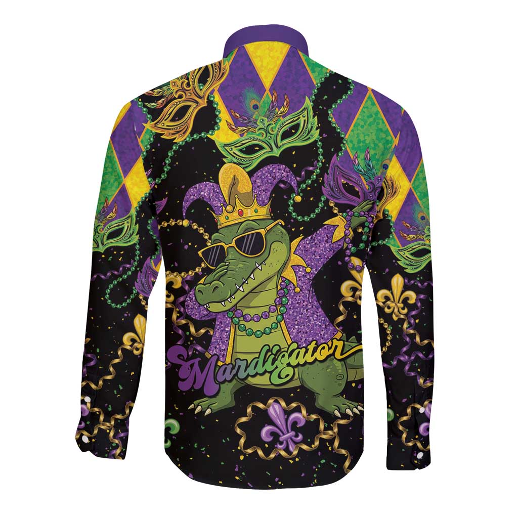 Mardi Gras Alligator Long Sleeve Button Shirt Mardigator On Tuesdays We Wear Beads - Wonder Print Shop