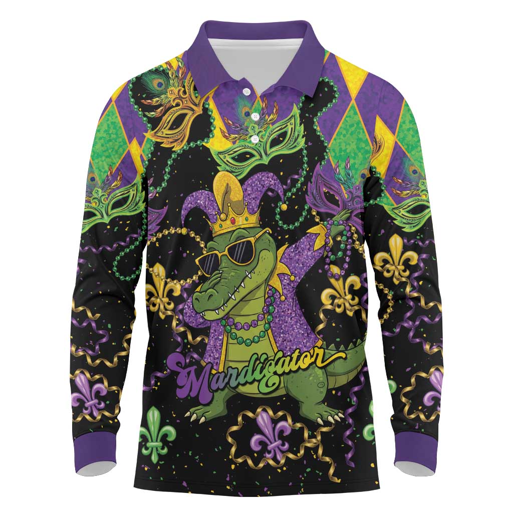Mardi Gras Alligator Long Sleeve Polo Shirt Mardigator On Tuesdays We Wear Beads - Wonder Print Shop