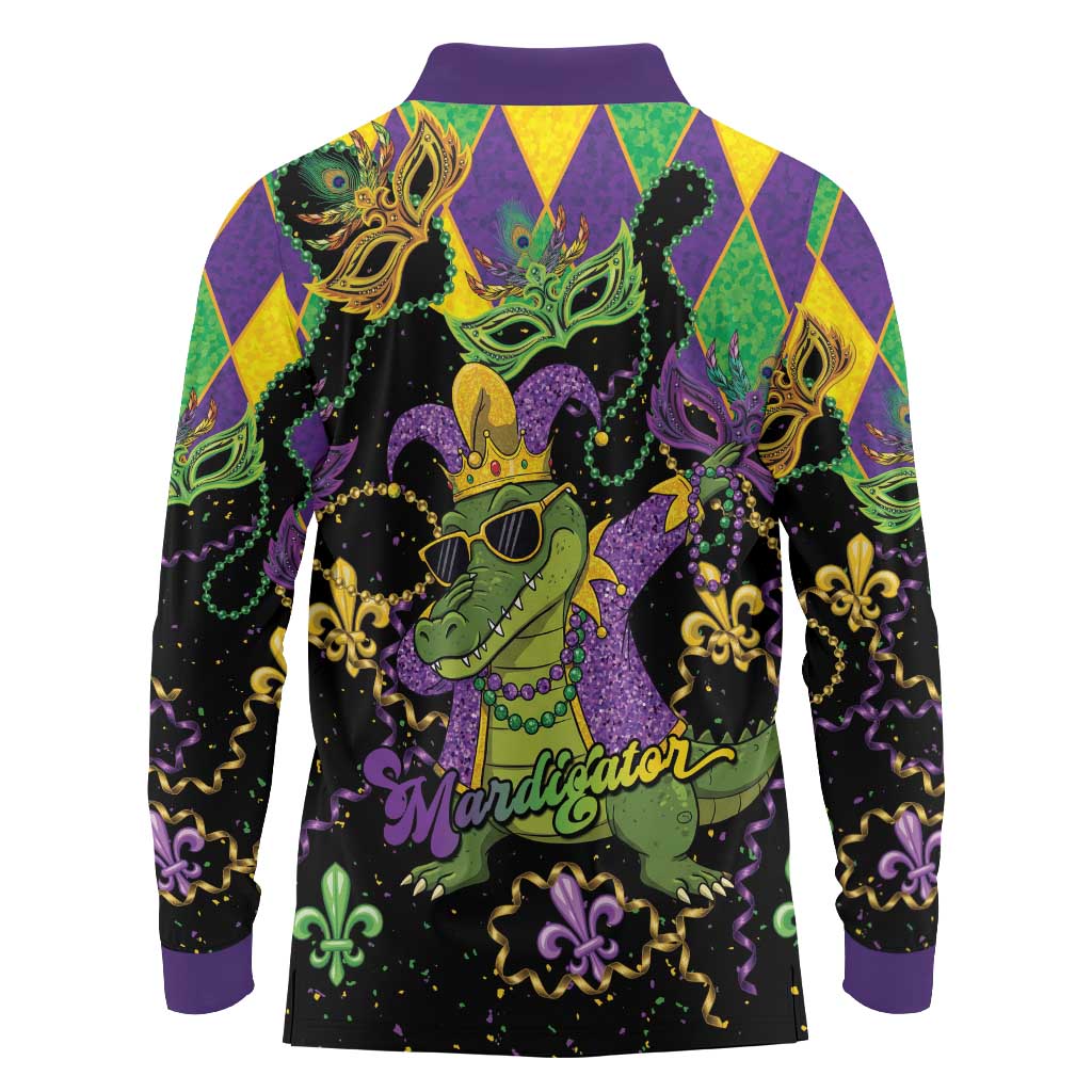 Mardi Gras Alligator Long Sleeve Polo Shirt Mardigator On Tuesdays We Wear Beads - Wonder Print Shop
