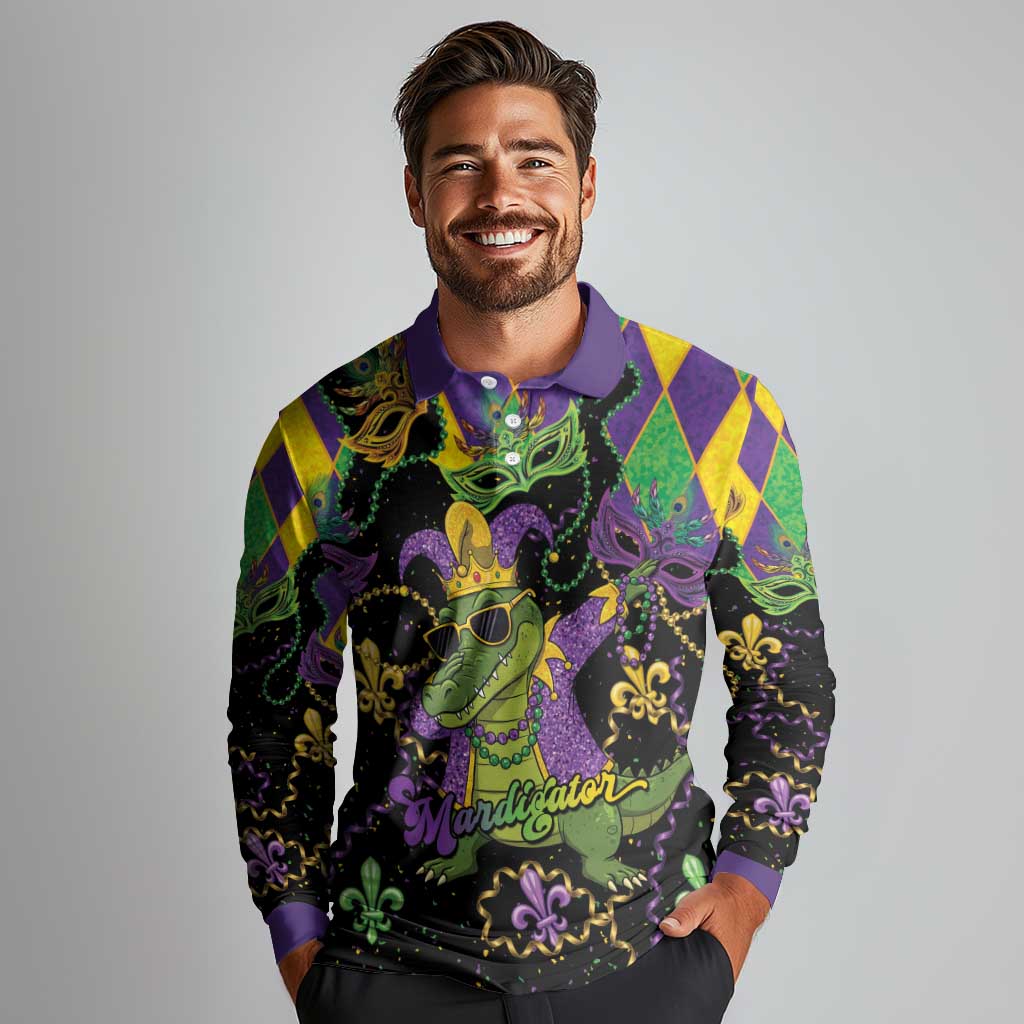 Mardi Gras Alligator Long Sleeve Polo Shirt Mardigator On Tuesdays We Wear Beads - Wonder Print Shop