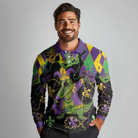 Mardi Gras Alligator Long Sleeve Polo Shirt Mardigator On Tuesdays We Wear Beads - Wonder Print Shop